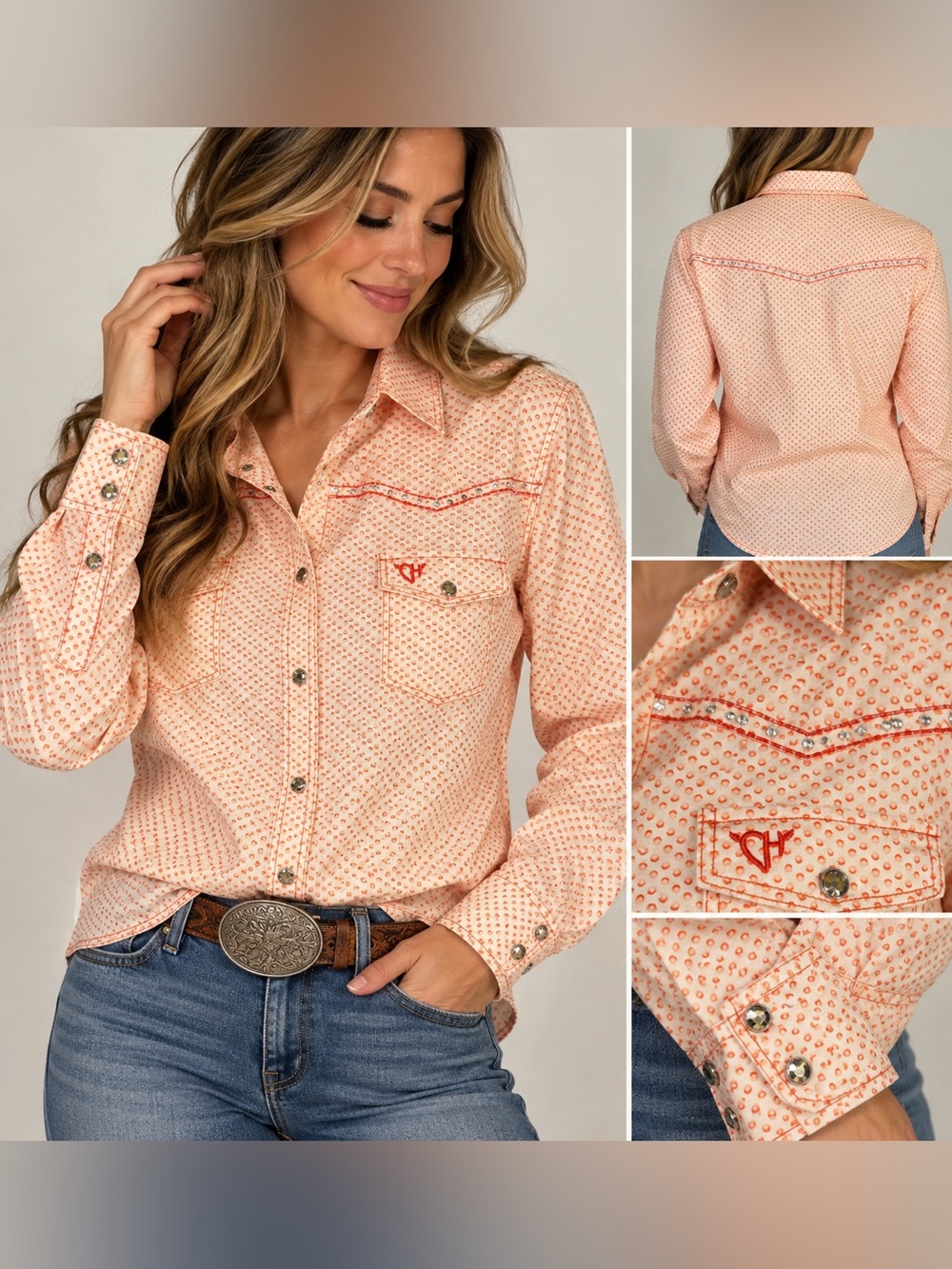 Cowgirl Hardware Western Shirt Womens L Coral Dot Rhinestone Yoke Pearl Snaps